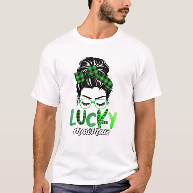 T-shirt Lucky Mawmaw Leopard Plaid Messy Bun Irish St Part (Devant)