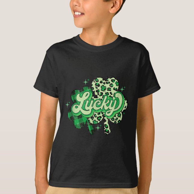 T-shirt Lucky Shamrock Leopard,checkered Patricks Day Funn (Devant)