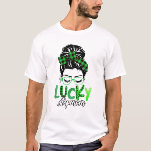 T-shirt Lucky StepMom Leopard Plaid Messy Bun Irish St Pat