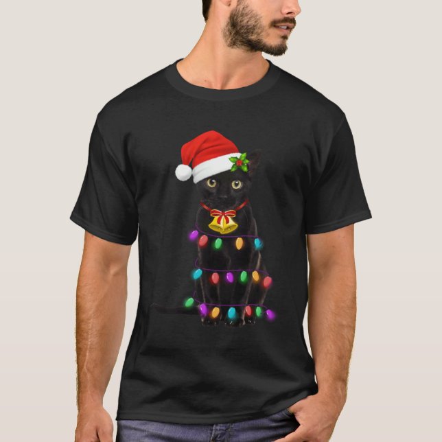 T-shirt Lumière de Noël chat noir chat Noël (Devant)