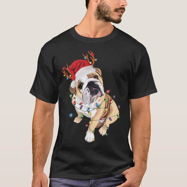 T-shirt Lumière de Noël du Bulldog anglais du Père Noël (Devant)
