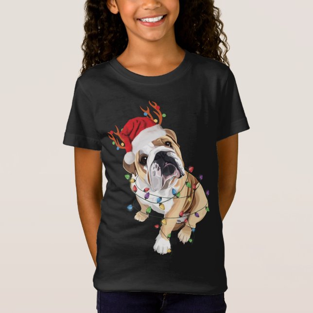 T-Shirt Lumière de Noël du Bulldog anglais du Père Noël (Devant)