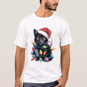 T-shirt Lumières de Noël Chat Noir Amusing Cadeau pour Ama