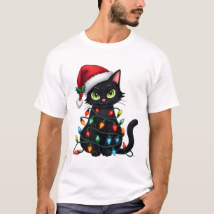 T-shirt Lumières de Noël Chat Noir Chapeau de Père Noël Dr