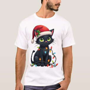 T-shirt Lumières de Noël Chat Noir Chapeau de Père Noël Dr