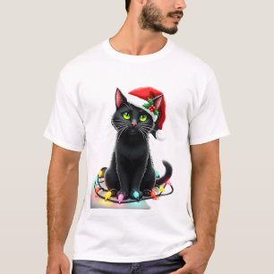 T-shirt Lumières de Noël Chat Noir Chapeau de Père Noël Dr