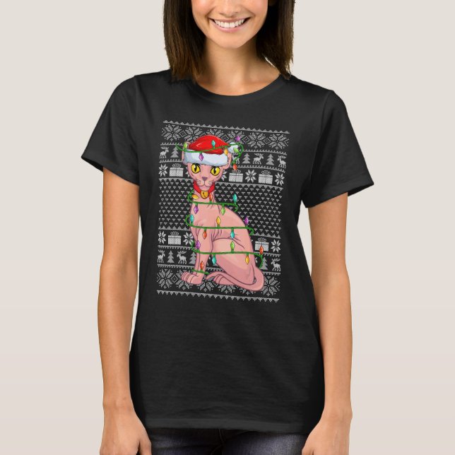 T-shirt Lumières de Noël de style pull moche Santa Sphynx  (Devant)