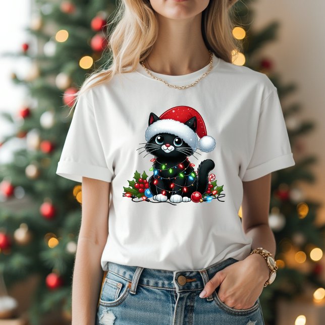 T-shirt lumières de Noël des chats noirs mignons (Créateur téléchargé)