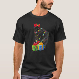 T-shirt Lumières de sapin de Noël de chat noir avec cadeau