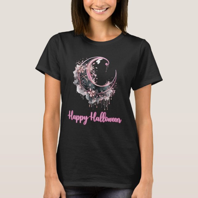 T-shirt Lune à croissant noir et rose Halloween heureux no (Devant)