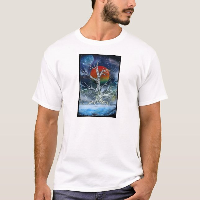 T-shirt Lune brumeuse d'orange de nuit d'arbre mort simple (Devant)
