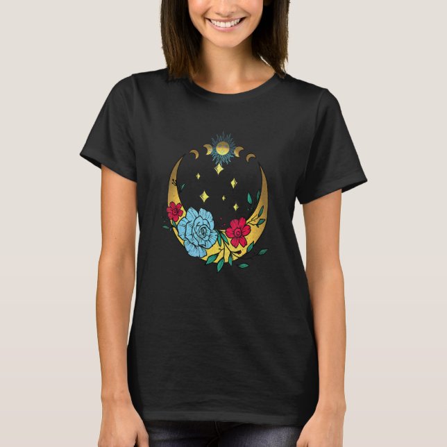 T-shirt Lune Céleste Et Fleurs Boho Crescent Lune (Devant)