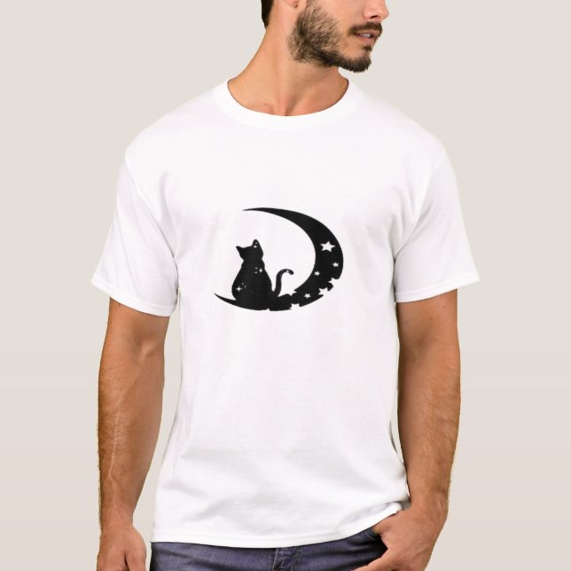 T-Shirt Lune Croissante Chat Noir Céleste (Devant)