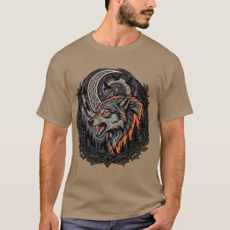 T-shirt Lune de loup nordique féroce Art viking corbeau