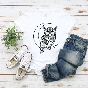 T-shirt Lune Hibou Ligne d'Art avec Croissant de Lune