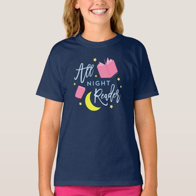 T-shirt Lune Stars et livres roses Tous Lecteur de Nuit (Devant)