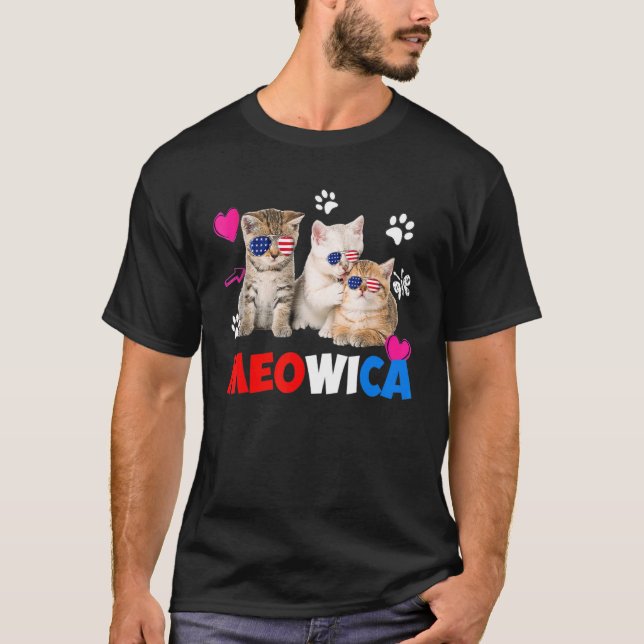 T-shirt Lunettes de drapeau Meowica Cat America 4 juillet (Devant)