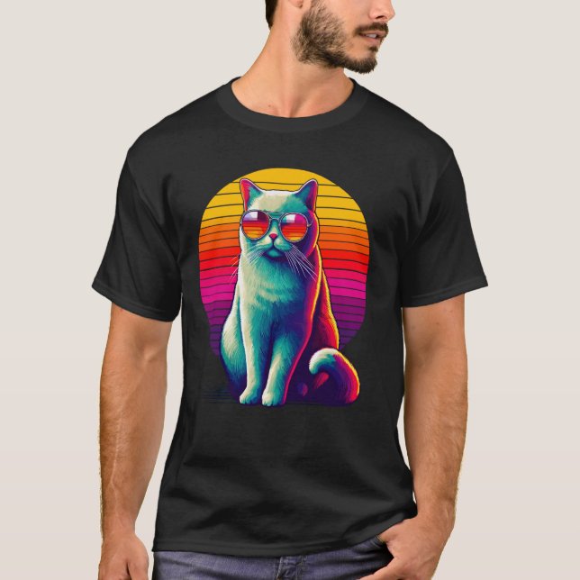 T-shirt Lunettes de soleil Coucher de soleil Rétro Chat Ch (Devant)
