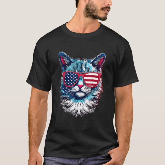 T-shirt Lunettes de soleil de chat américain Drapeau 4 jui (Devant)