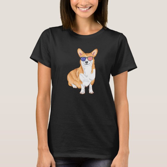 T-shirt Lunettes de soleil de chien de Corgi Drapeau améri (Devant)