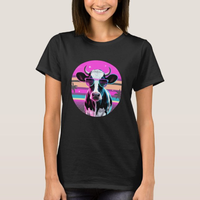 T-shirt Lunettes de soleil de vache synthwave rétro bétail (Devant)