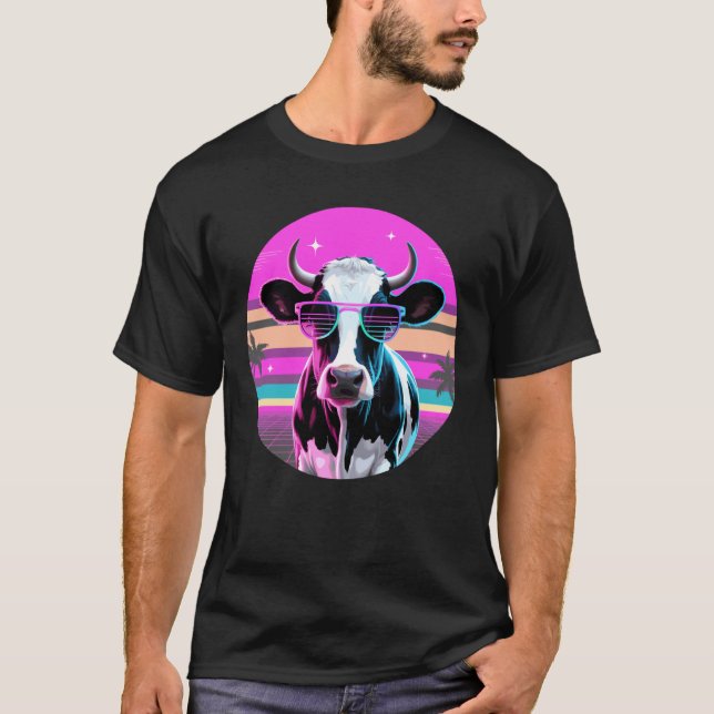 T-shirt Lunettes de soleil de vache synthwave rétro bétail (Devant)