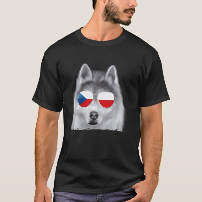 T-shirt Lunettes de soleil drapeau tchèque de chien Husky  (Devant)