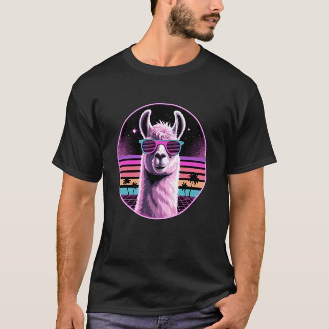 T-shirt Lunettes de soleil Lama Retro Synthwave Lamas (Devant)