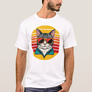T-shirt Lunettes de soleil Papa Chat Coucher de soleil Rét