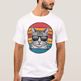 T-shirt Lunettes de soleil Papa Chat Coucher de soleil Rét
