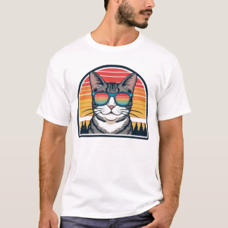 T-shirt Lunettes de soleil Papa Chat Coucher de soleil Rét