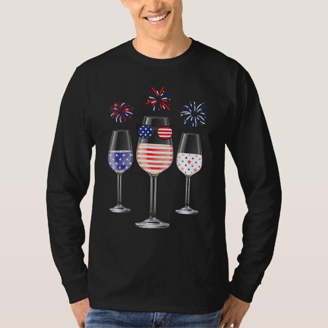 T-shirt Lunettes de vin rouge blanc bleu Drapeau américain (Devant)