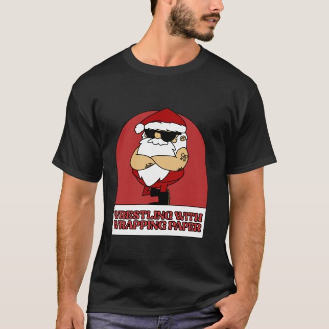 T-shirt Lutte amusante Noël Père Noël lutte avec Wrapp (Devant)