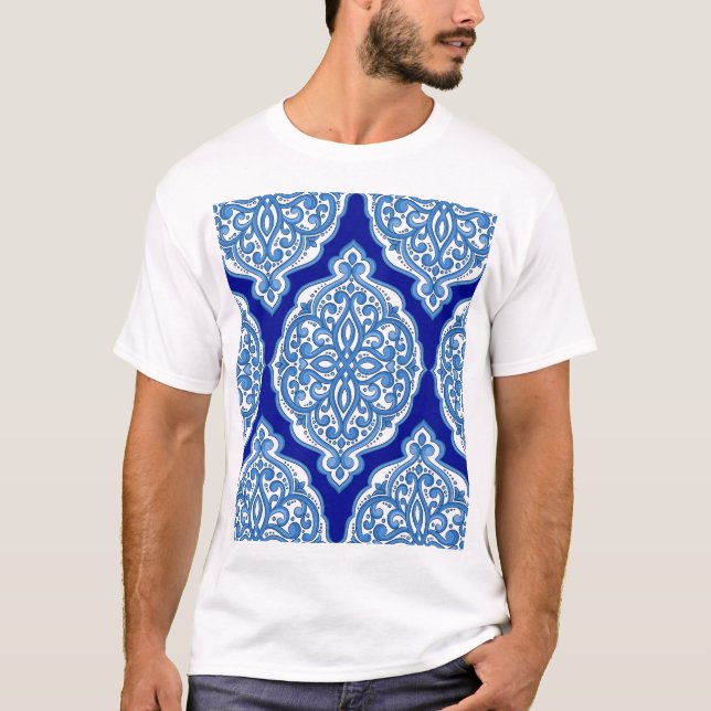 T-shirt Luxe blanc-bleu, ornement turc. (Devant)