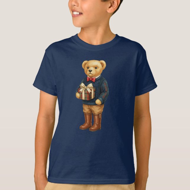 T-shirt Luxe Preppy Plaid Christmas Teddy Bear  (Devant)