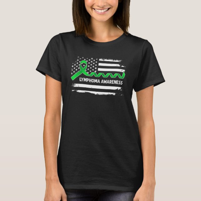 T-shirt Lymphoma Awareness American Flag   Green Ribbon (Devant)