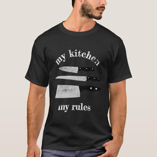 T-shirt Ma cuisine Mes règles Accueil Cuisinière Couteaux  (Devant)