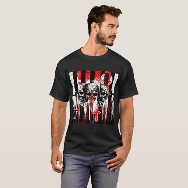 T-shirt Macabre Elégance : Crânes et croix en Cha gothique (Devant entier)