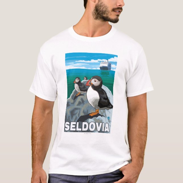 T-shirt Macareux et bateau de croisière - Seldovia, Alaska (Devant)
