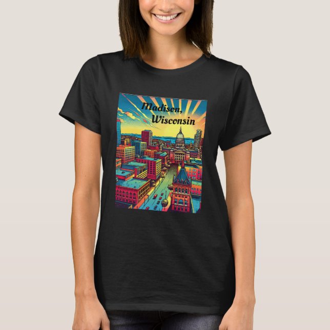 T-shirt Madison, Wisconsin Skyline au coucher du soleil (Devant)