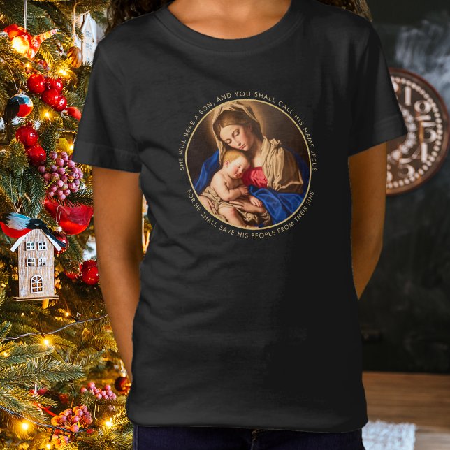 T-Shirt Madonna & Enfant Christian cadeau de Noël pour les (Madonna & Child Christian Christmas t-shirt for girls wit h Bible verse)