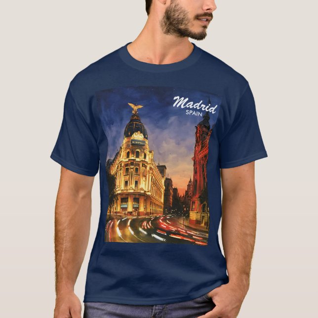 T-shirt Madrid Spain Gran Via Night Watercolor Cityscape (Devant)