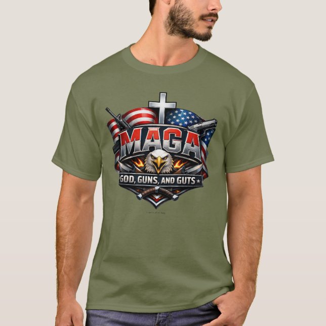 T-shirt MAGA : Dieu, armes et tripes.  (Devant)