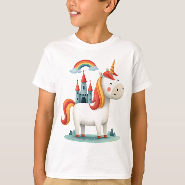 T-shirt Magical Unicorn with Castle and Rainbow – Cute Kid (Devant)
