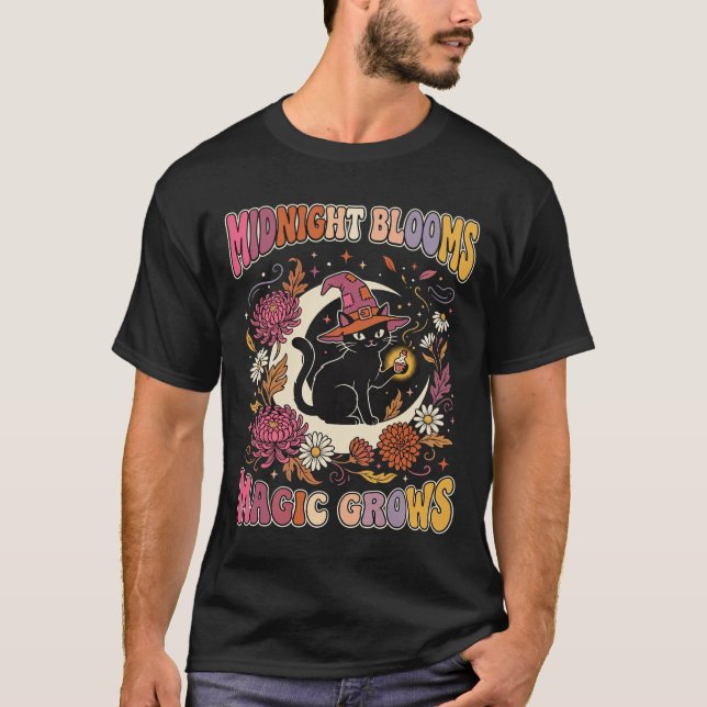 T-shirt Magie de chat de sorcière florale d'Halloween (Devant)