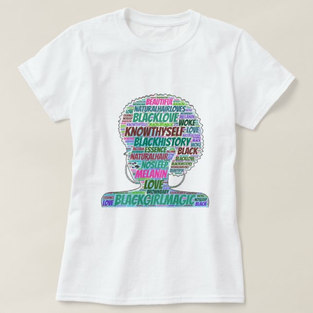 T-shirt magique de nuage de mot de fille noire (Design devant)