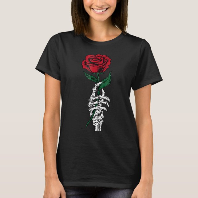 T-shirt Main de squelette blanc tenant une fleur de rose d (Devant)