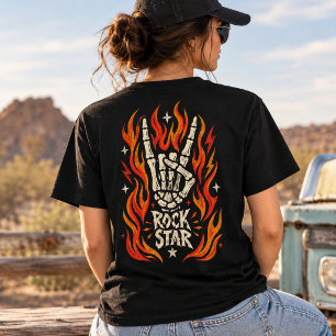 T-shirt Main de squelette de rock star vintage avec flamme