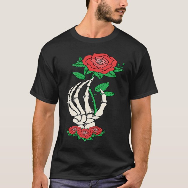 T-shirt Main de squelette Rose rouge Fleur  Saint-Valentin (Devant)