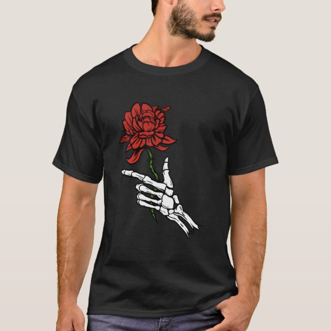 T-shirt Main de squelette tenant une rose rouge (Devant)